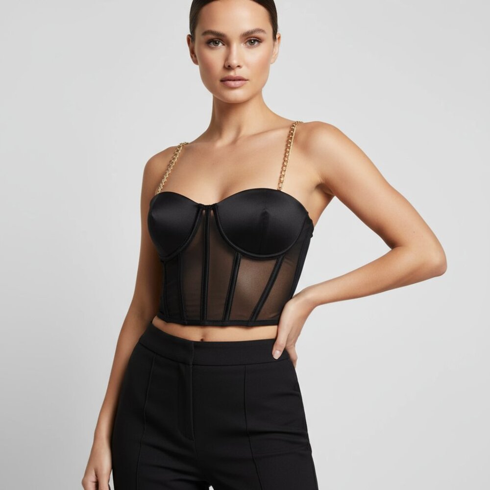 Black Chain-Strap Bustier Top With Mesh & Gold Zipper Accent